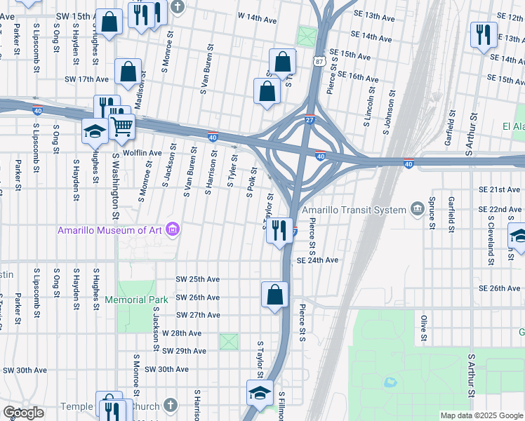 map of restaurants, bars, coffee shops, grocery stores, and more near 2114 S Taylor St in Amarillo