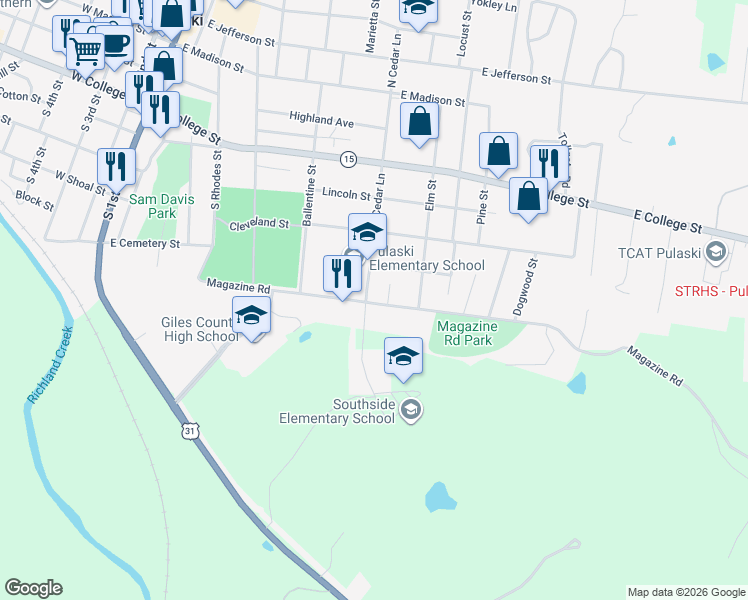 map of restaurants, bars, coffee shops, grocery stores, and more near 631 South Cedar Lane in Pulaski