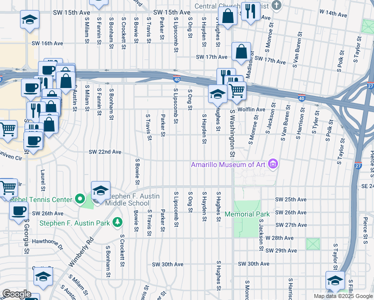map of restaurants, bars, coffee shops, grocery stores, and more near 2111-2113 South Lipscomb Street in Amarillo