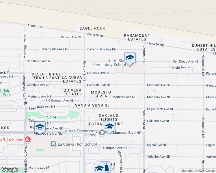 map of restaurants, bars, coffee shops, grocery stores, and more near 8520 Glendale Avenue Northeast in Albuquerque