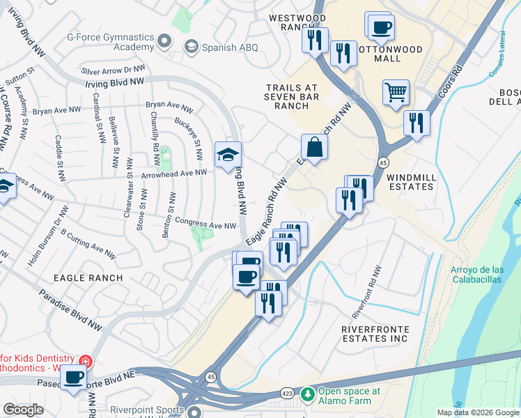 map of restaurants, bars, coffee shops, grocery stores, and more near 99999 Eagle Ranch Road in Albuquerque