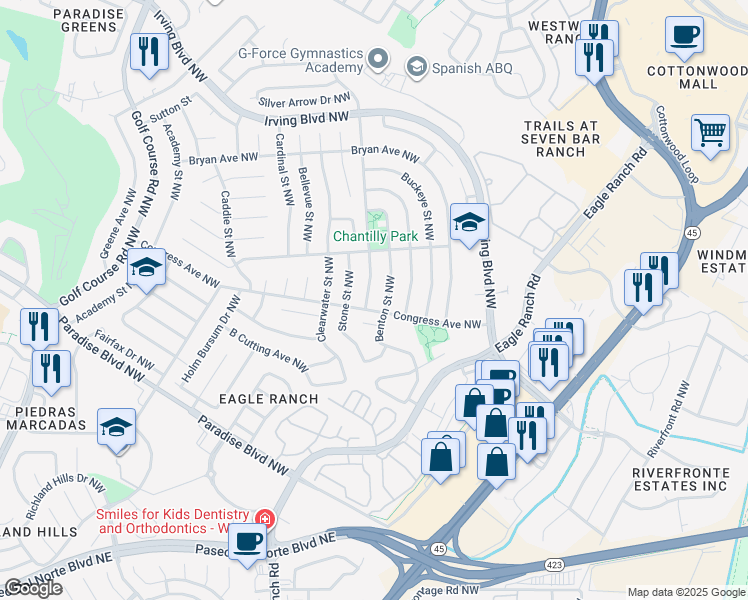 map of restaurants, bars, coffee shops, grocery stores, and more near 9801 Chantilly Road Northwest in Albuquerque