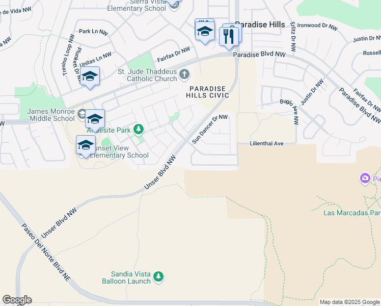 map of restaurants, bars, coffee shops, grocery stores, and more near 9512 Cache Creek Drive Northwest in Albuquerque