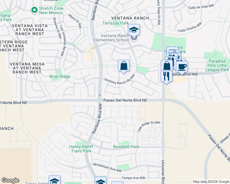 map of restaurants, bars, coffee shops, grocery stores, and more near 7001 Sendero Road Northwest in Albuquerque