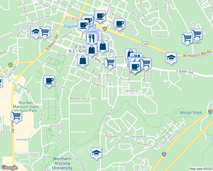 map of restaurants, bars, coffee shops, grocery stores, and more near 538 South Fountaine Street in Flagstaff