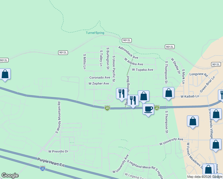 map of restaurants, bars, coffee shops, grocery stores, and more near 2388 West Rock Island Avenue in Flagstaff