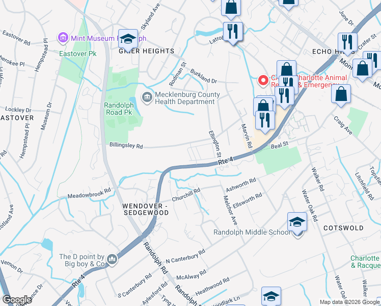 map of restaurants, bars, coffee shops, grocery stores, and more near 3711 Uwharrie River Road in Charlotte