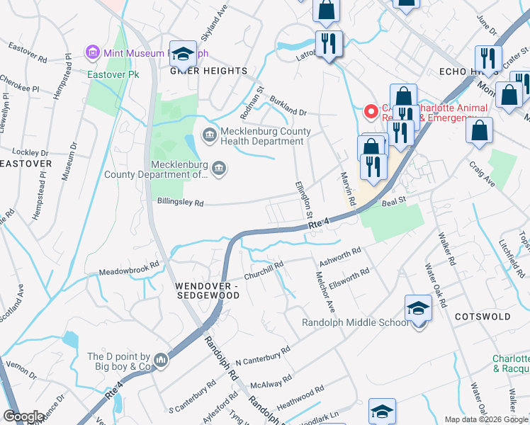 map of restaurants, bars, coffee shops, grocery stores, and more near 3711 Uwharrie River Road in Charlotte