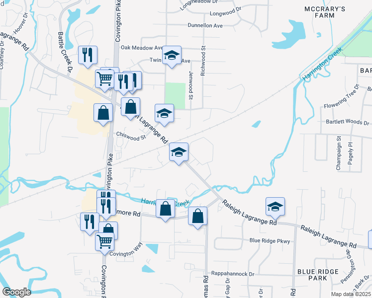 map of restaurants, bars, coffee shops, grocery stores, and more near 5210 Shelborne Circle in Memphis