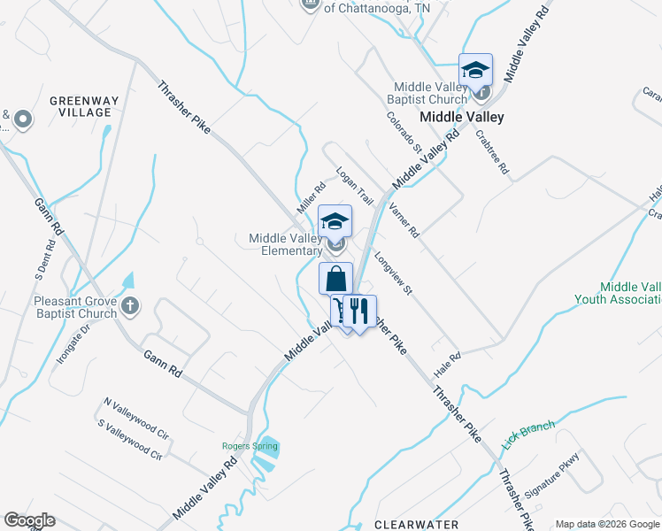 map of restaurants, bars, coffee shops, grocery stores, and more near 1616B Thrasher Pike in Middle Valley