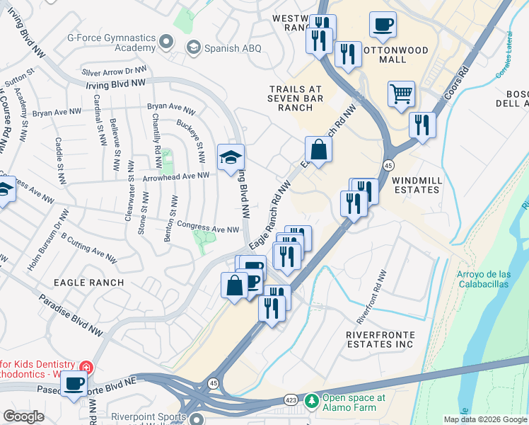 map of restaurants, bars, coffee shops, grocery stores, and more near 99999 Eagle Ranch Road in Albuquerque