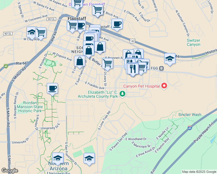 map of restaurants, bars, coffee shops, grocery stores, and more near 510 East Franklin Avenue in Flagstaff