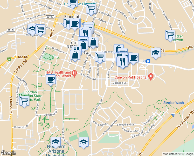 map of restaurants, bars, coffee shops, grocery stores, and more near 539 South O'Leary Street in Flagstaff