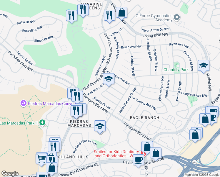map of restaurants, bars, coffee shops, grocery stores, and more near 4632 Cactus Avenue Northwest in Albuquerque