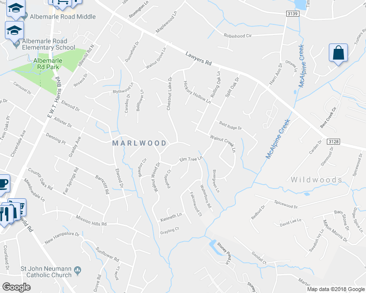 map of restaurants, bars, coffee shops, grocery stores, and more near 7714 Cedar Tree Lane in Charlotte