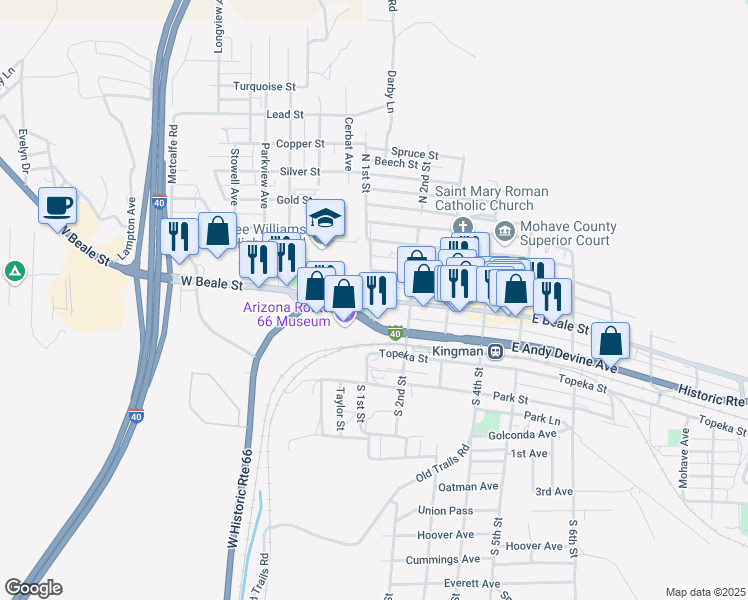 map of restaurants, bars, coffee shops, grocery stores, and more near 101 East Beale Street in Kingman