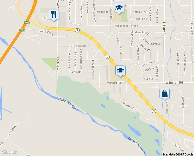 map of restaurants, bars, coffee shops, grocery stores, and more near 3000 Marigold Trail in Norman