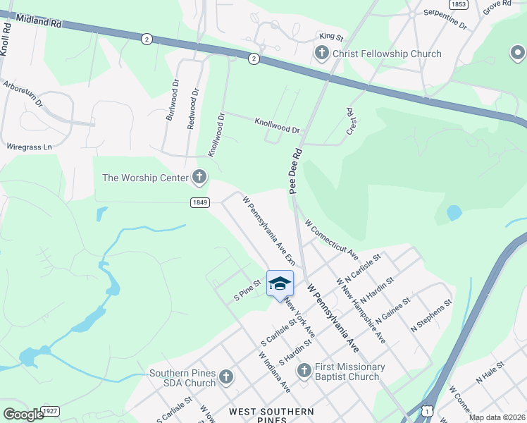 map of restaurants, bars, coffee shops, grocery stores, and more near 1471 West Pennsylvania Avenue in Southern Pines
