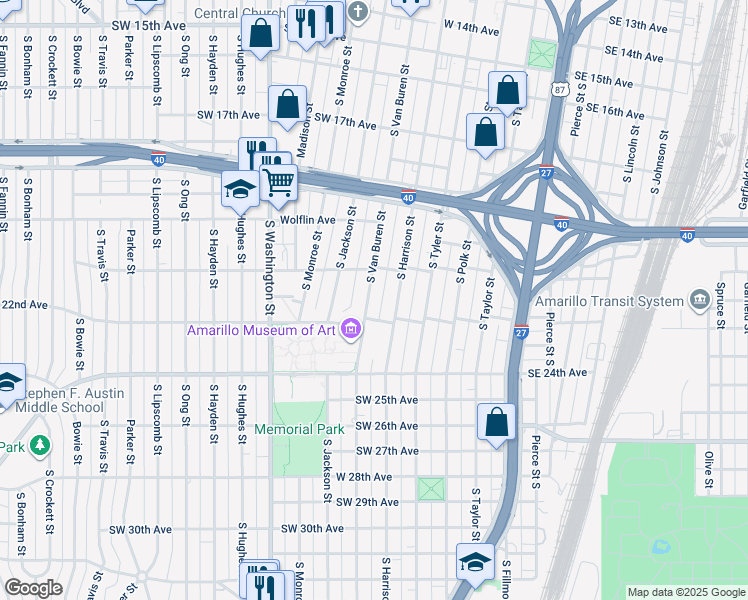 map of restaurants, bars, coffee shops, grocery stores, and more near 2115 South Van Buren Street in Amarillo