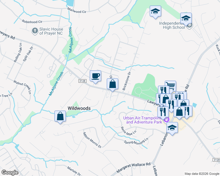 map of restaurants, bars, coffee shops, grocery stores, and more near 8519 Lawyers Road in Charlotte