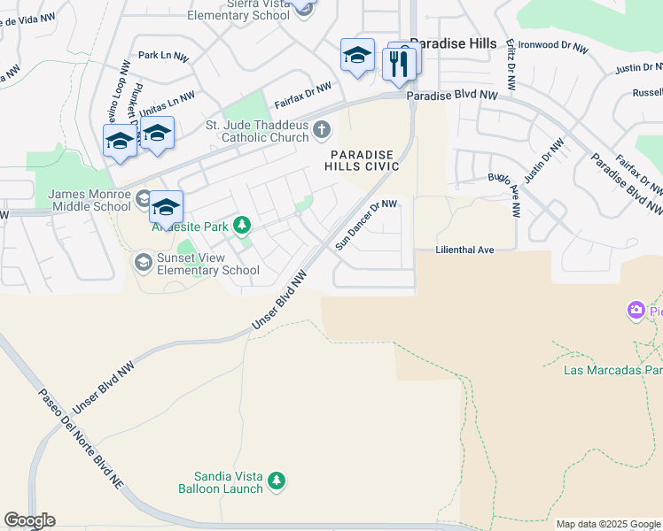 map of restaurants, bars, coffee shops, grocery stores, and more near 9511 Cache Creek Drive Northwest in Albuquerque