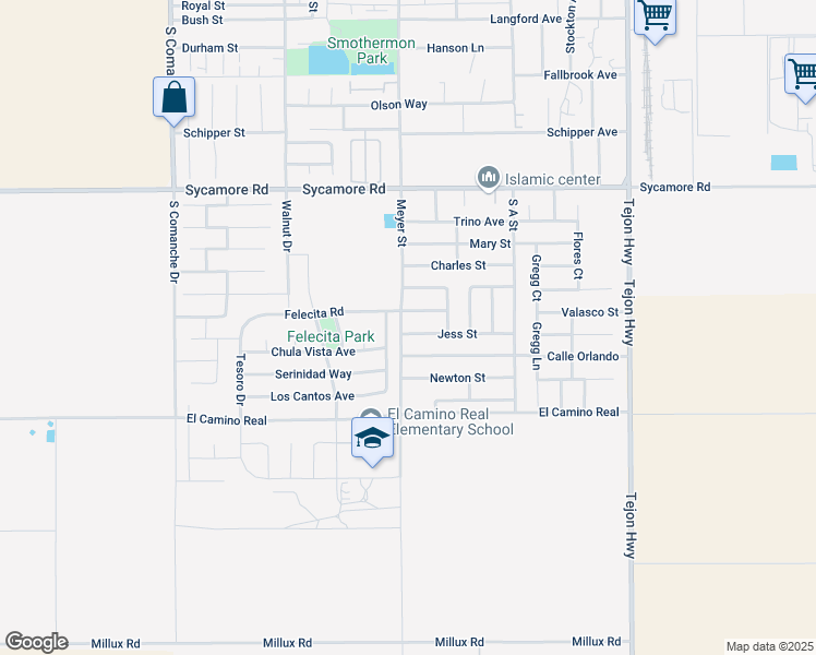 map of restaurants, bars, coffee shops, grocery stores, and more near 812 Jess Street in Arvin
