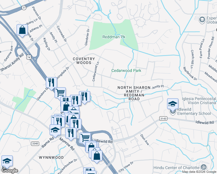 map of restaurants, bars, coffee shops, grocery stores, and more near 6710 Easton Place in Charlotte