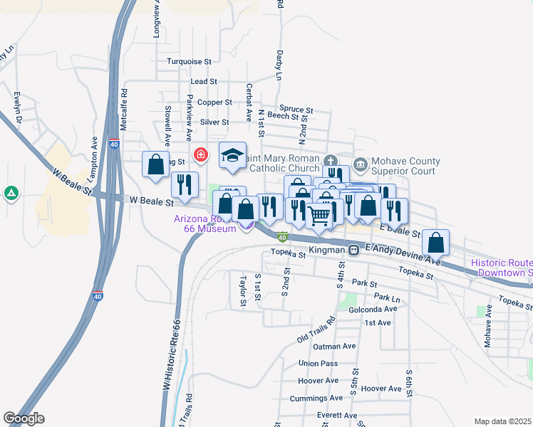map of restaurants, bars, coffee shops, grocery stores, and more near 101 East Beale Street in Kingman