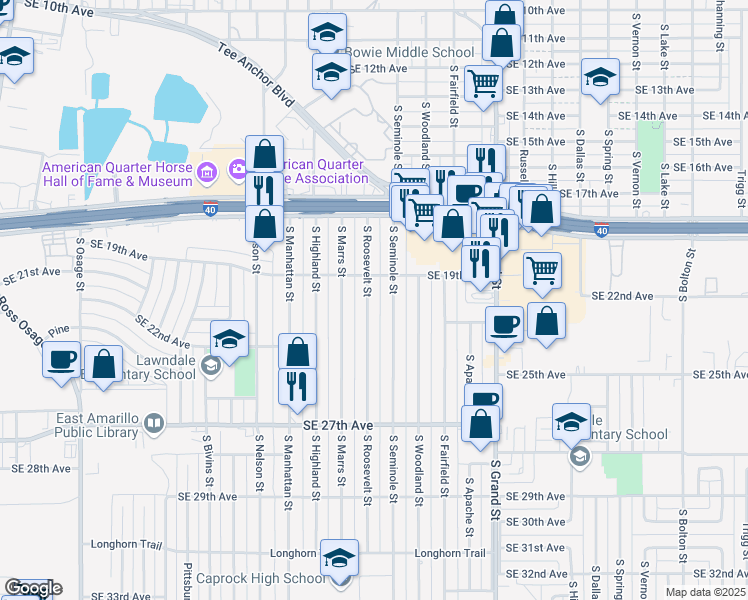 map of restaurants, bars, coffee shops, grocery stores, and more near 1911 South Roosevelt Street in Amarillo