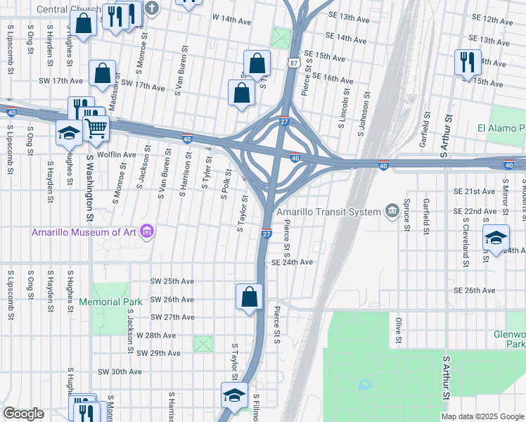 map of restaurants, bars, coffee shops, grocery stores, and more near 2112 Canyon Drive in Amarillo