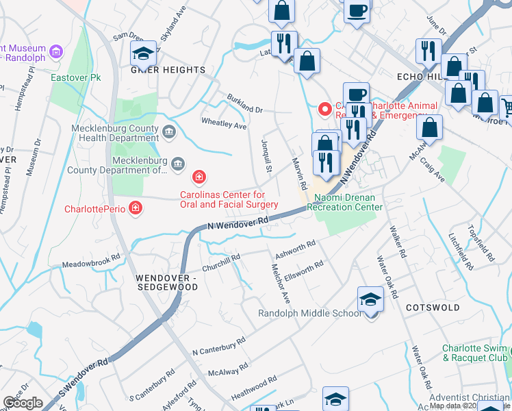 map of restaurants, bars, coffee shops, grocery stores, and more near 529 Nantahala Drive in Charlotte