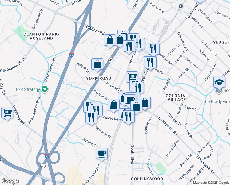 map of restaurants, bars, coffee shops, grocery stores, and more near 123 Freeland Lane in Charlotte
