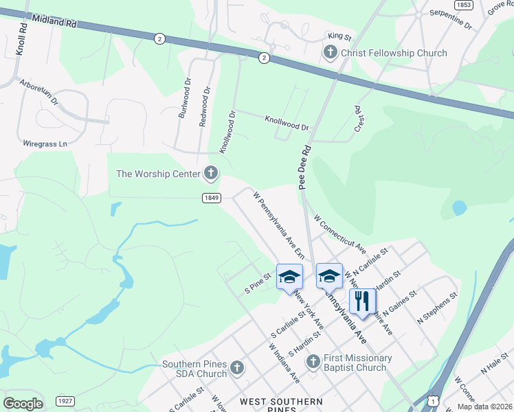 map of restaurants, bars, coffee shops, grocery stores, and more near 1580 West Pennsylvania Avenue in Southern Pines