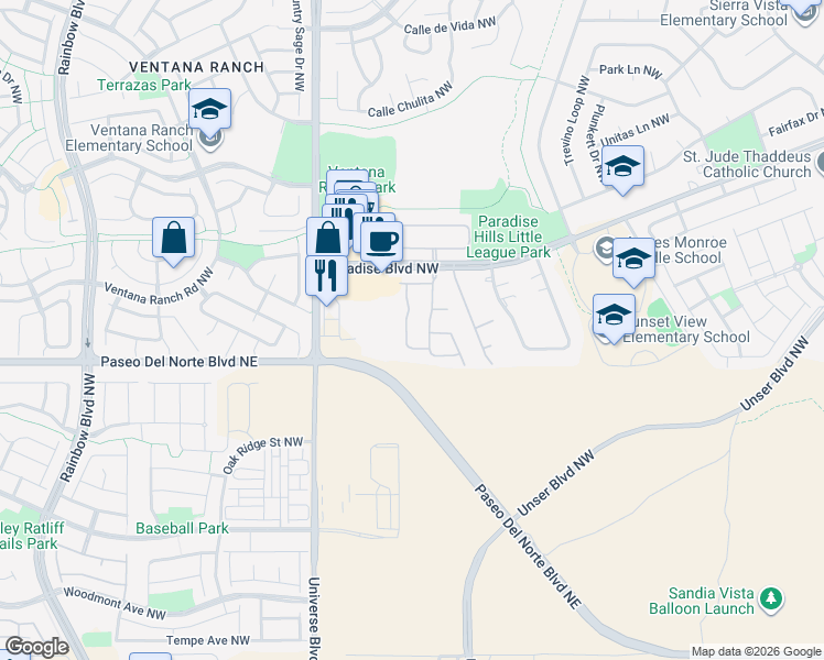 map of restaurants, bars, coffee shops, grocery stores, and more near 9615 Vivaldi Trail Northwest in Albuquerque