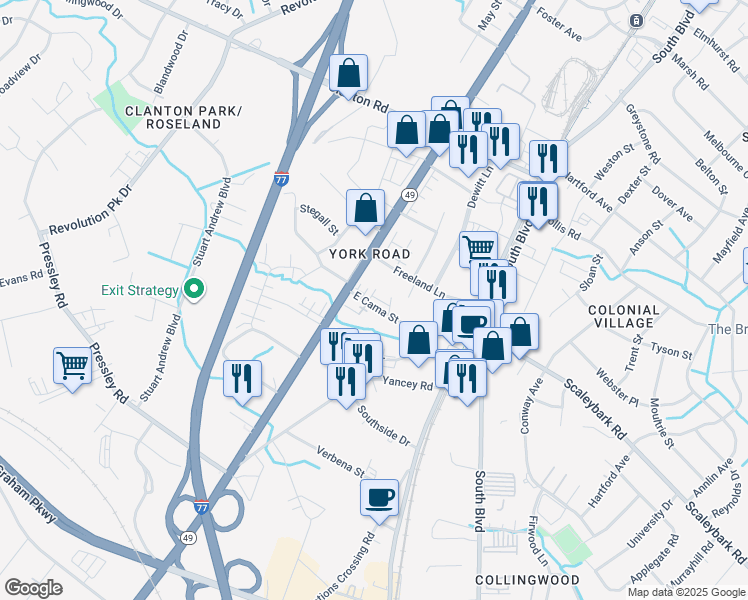 map of restaurants, bars, coffee shops, grocery stores, and more near 306 East Cama Street in Charlotte