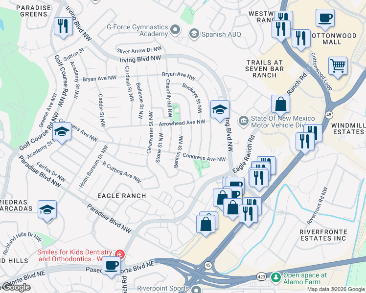 map of restaurants, bars, coffee shops, grocery stores, and more near 9808 Benton Street Northwest in Albuquerque