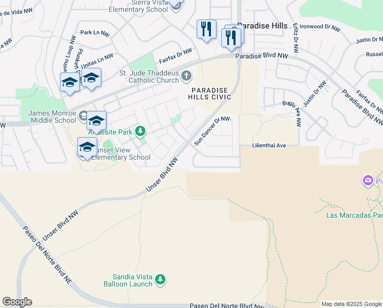 map of restaurants, bars, coffee shops, grocery stores, and more near 9511 Cache Creek Drive Northwest in Albuquerque