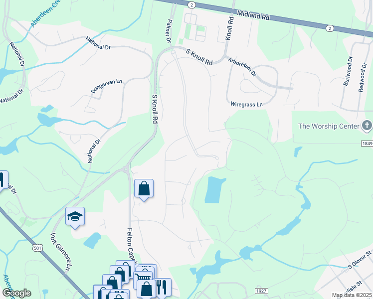 map of restaurants, bars, coffee shops, grocery stores, and more near 9 East Magnolia Court in Southern Pines