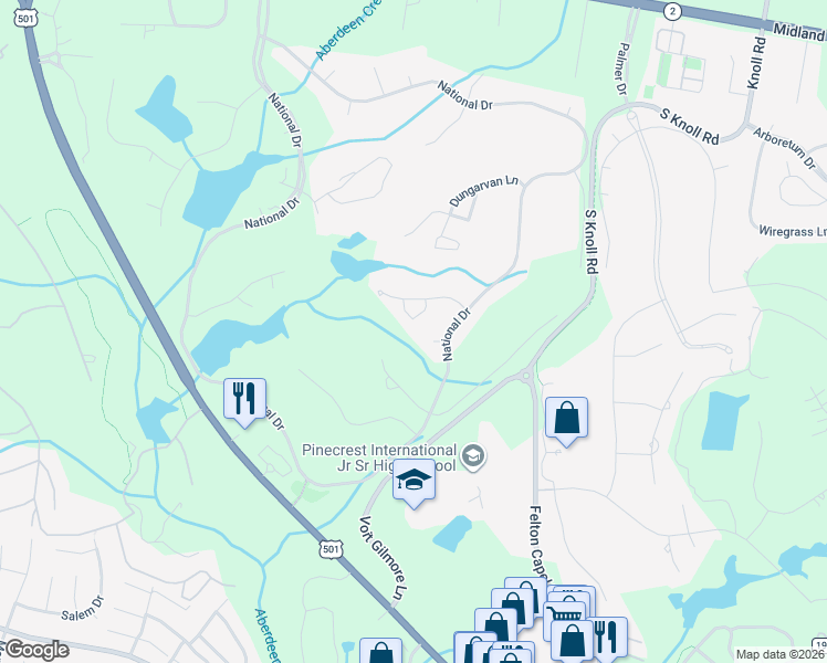 map of restaurants, bars, coffee shops, grocery stores, and more near 18 Fortrose Circle in Pinehurst