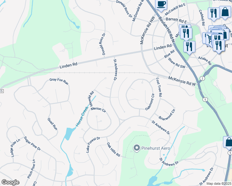 map of restaurants, bars, coffee shops, grocery stores, and more near 95 Tamarisk Lane in Pinehurst