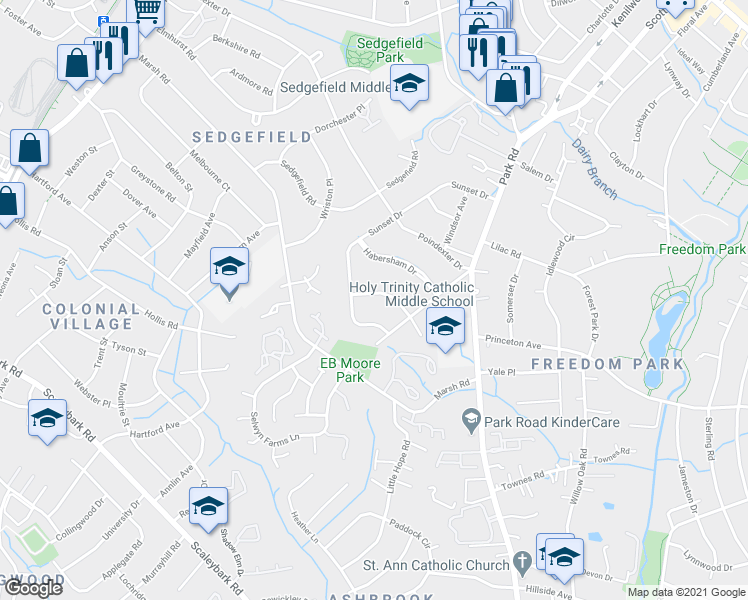 map of restaurants, bars, coffee shops, grocery stores, and more near 1022 Guilford Road in Charlotte