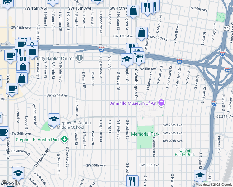 map of restaurants, bars, coffee shops, grocery stores, and more near 2112 South Hayden Street in Amarillo