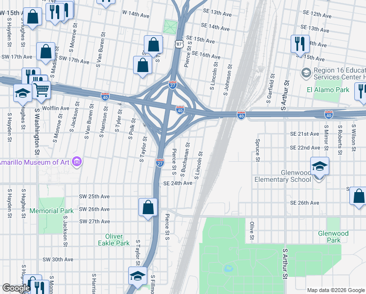 map of restaurants, bars, coffee shops, grocery stores, and more near 2109-2111 South Pierce Street in Amarillo