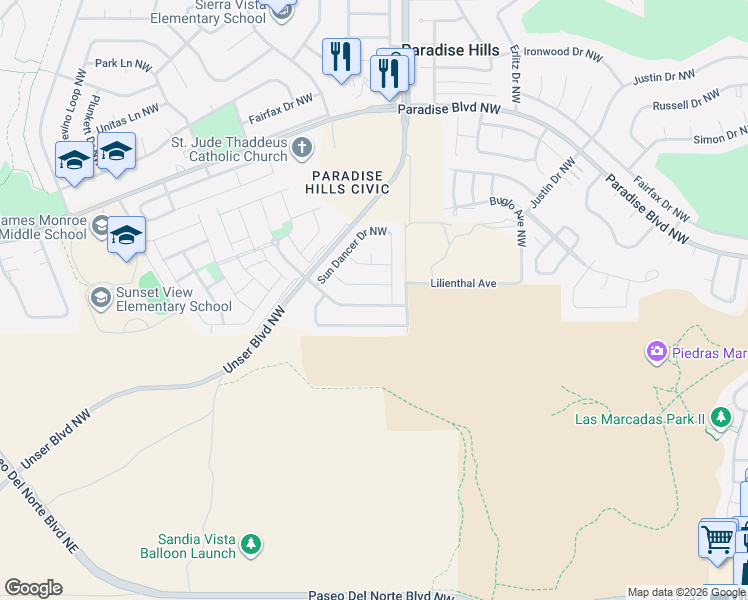 map of restaurants, bars, coffee shops, grocery stores, and more near 5601 Blue Feather Avenue Northwest in Albuquerque