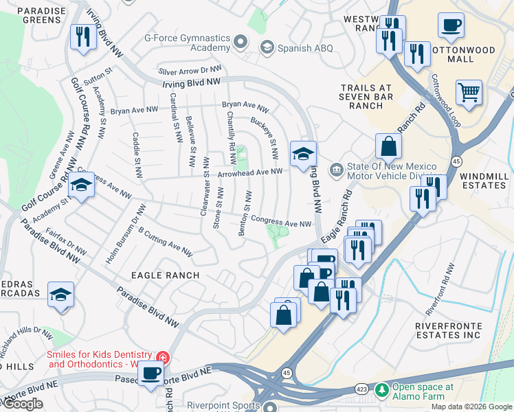 map of restaurants, bars, coffee shops, grocery stores, and more near 9808 Benton Street Northwest in Albuquerque