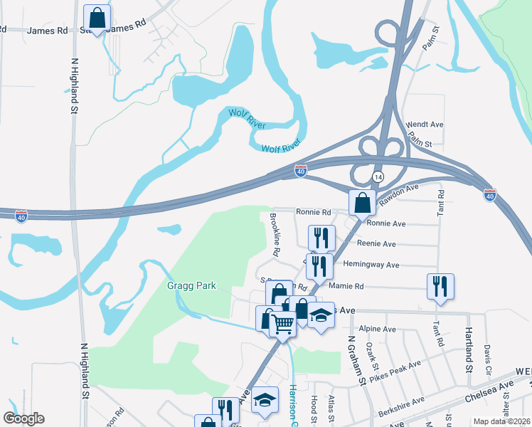 map of restaurants, bars, coffee shops, grocery stores, and more near 2132 Brookline Road in Memphis
