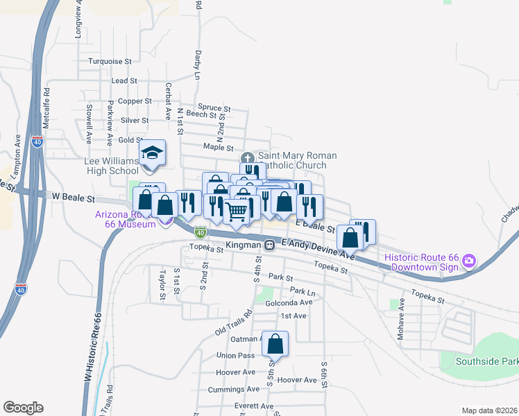 map of restaurants, bars, coffee shops, grocery stores, and more near 418 East Beale Street in Kingman