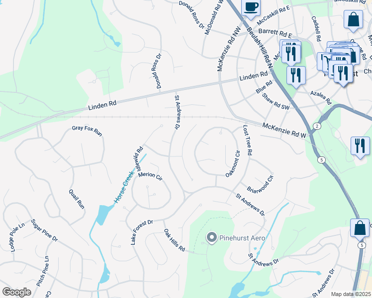map of restaurants, bars, coffee shops, grocery stores, and more near 90 Tamarisk Lane in Pinehurst