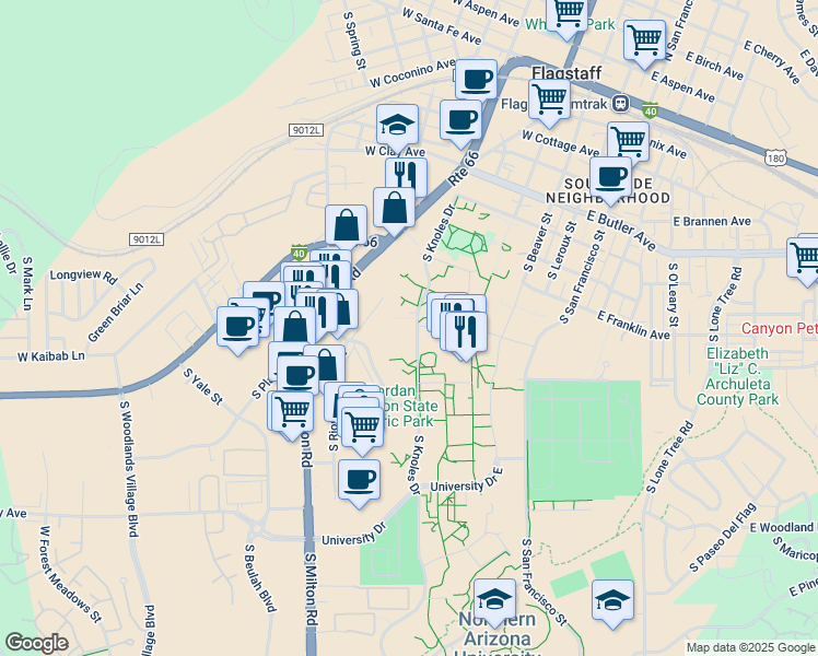 map of restaurants, bars, coffee shops, grocery stores, and more near 977 Knoles Drive in Flagstaff