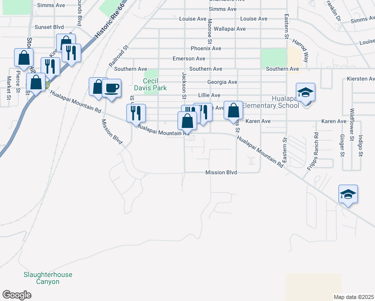 map of restaurants, bars, coffee shops, grocery stores, and more near 2502 Veteran Way in Kingman